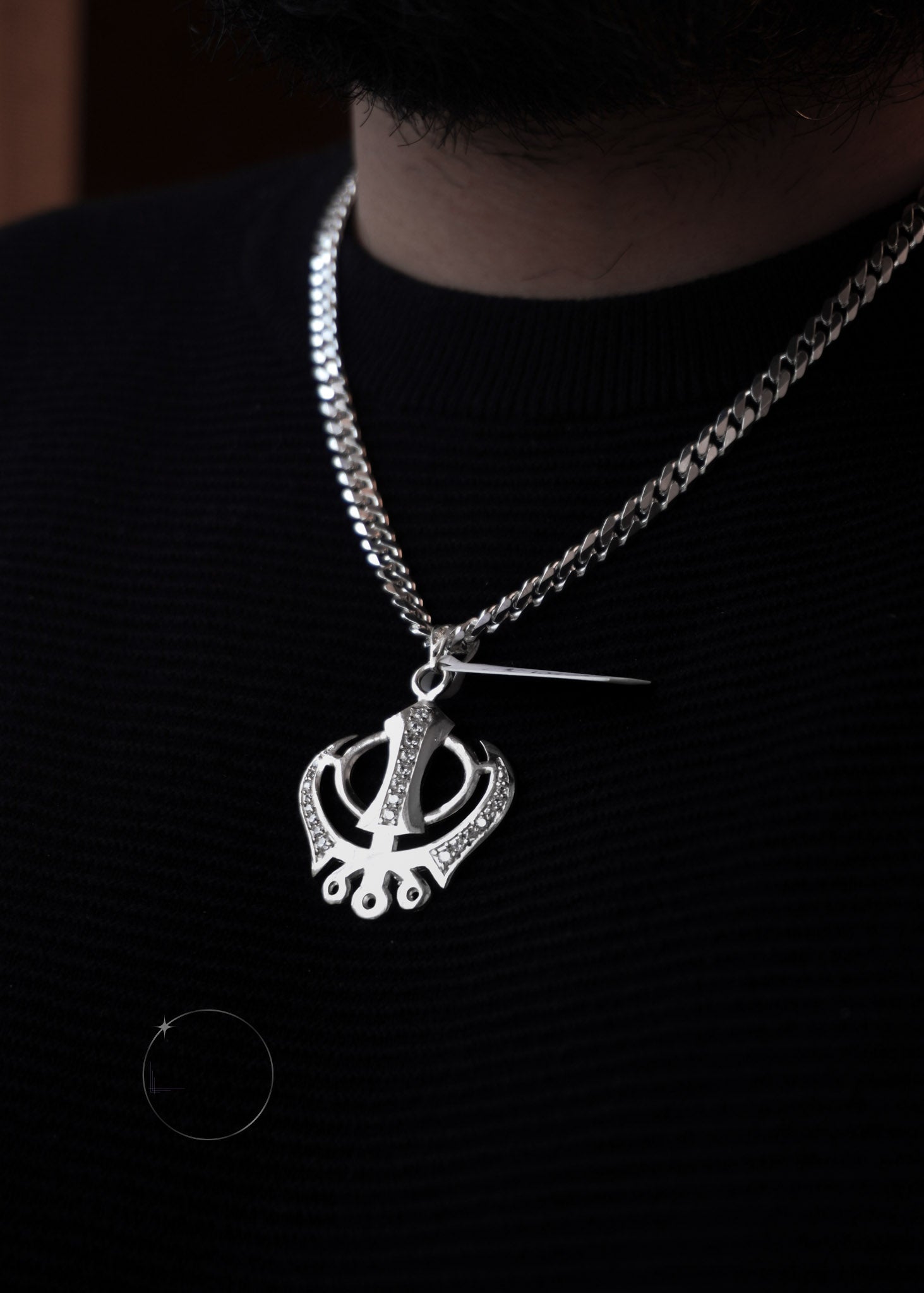 Sterling silver large-sized Khanda pendant