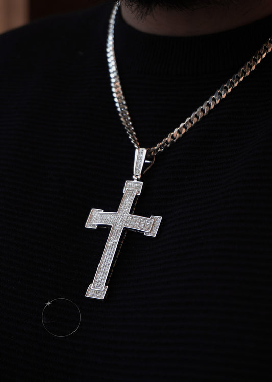 STERLING SILVER LARGE CROSS HIP HOP CZ PENDANT