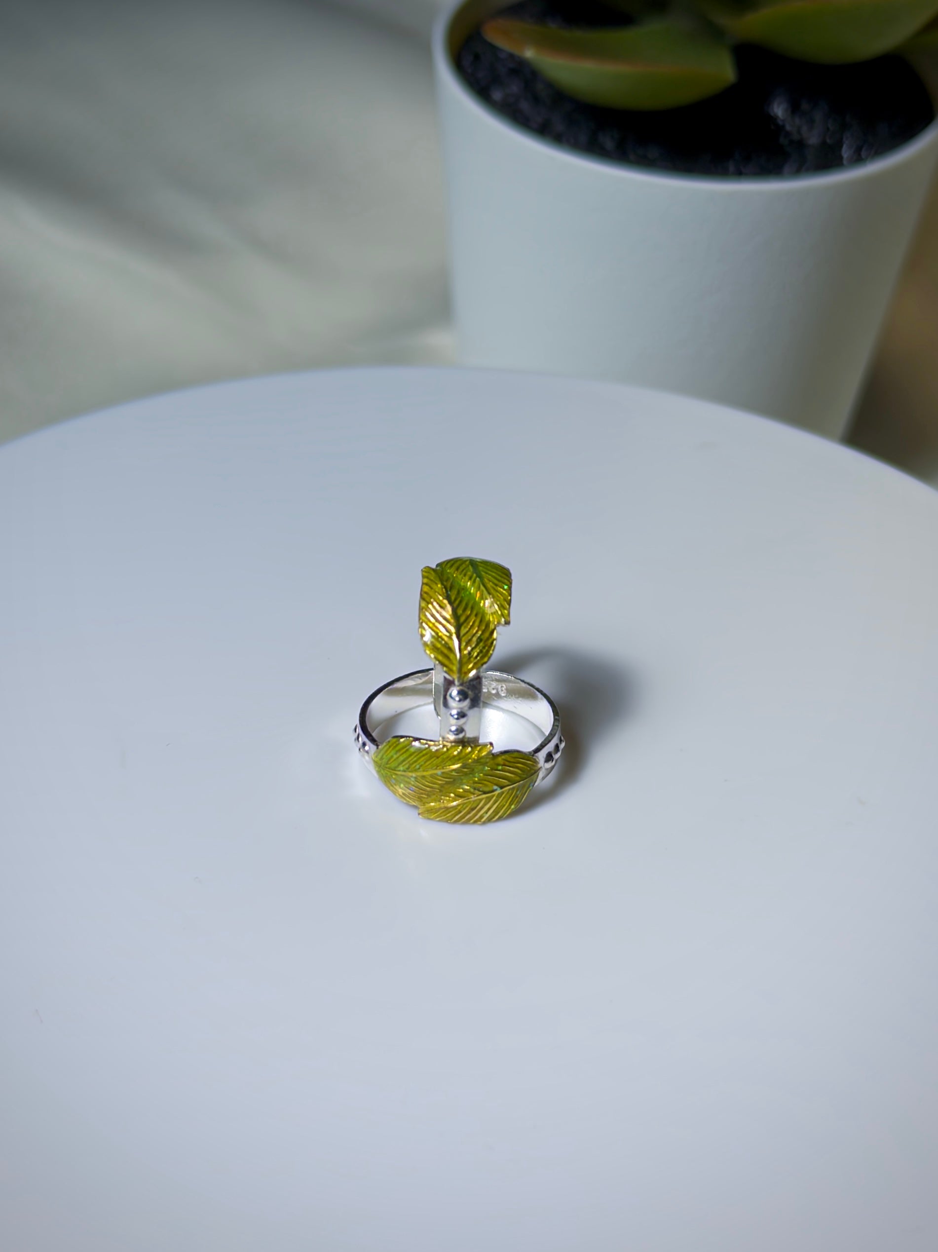 Two leaf-shaped rings, on a white surface with a blurred plant in the background.