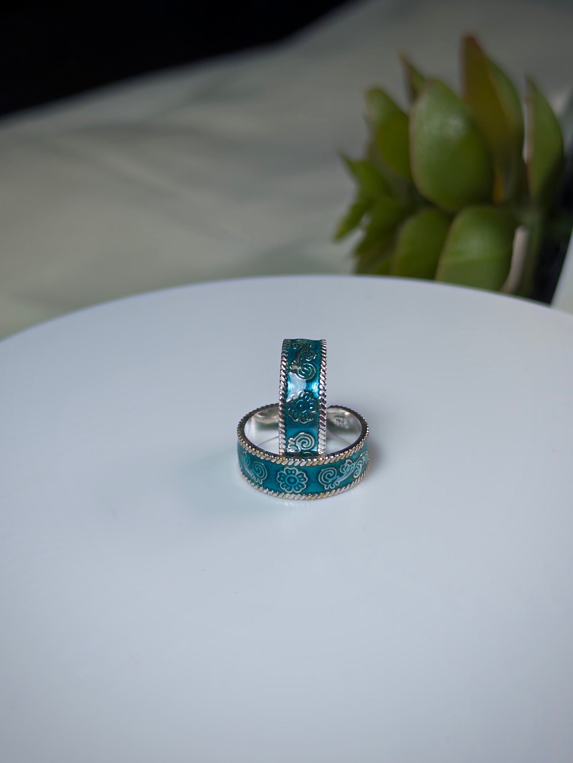 Two silver rings with turquoise accent on a white surface with a blurred green plant in the background.