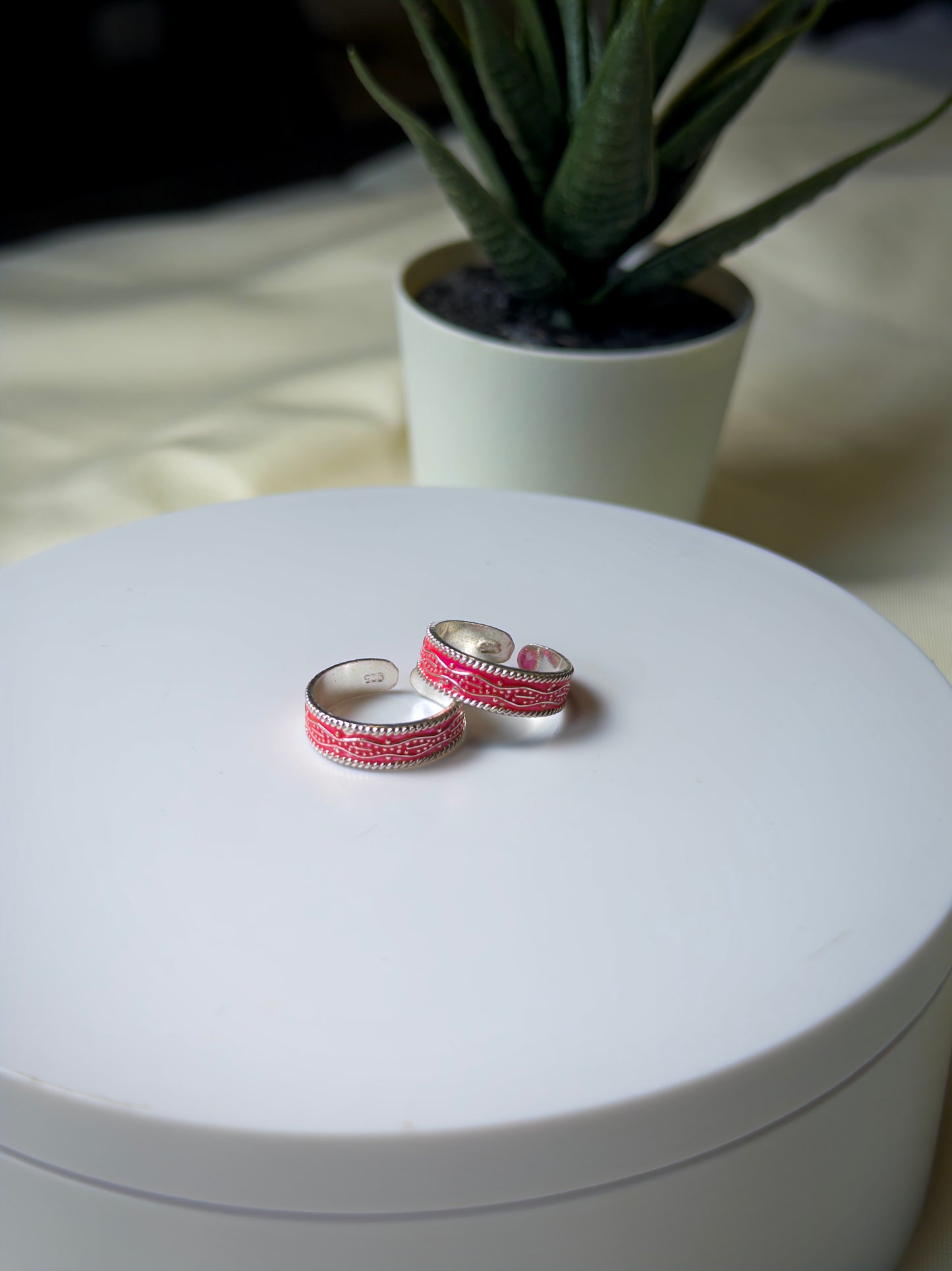 Two silver toe rings with pink accents on a white surface, with a plant in the background.