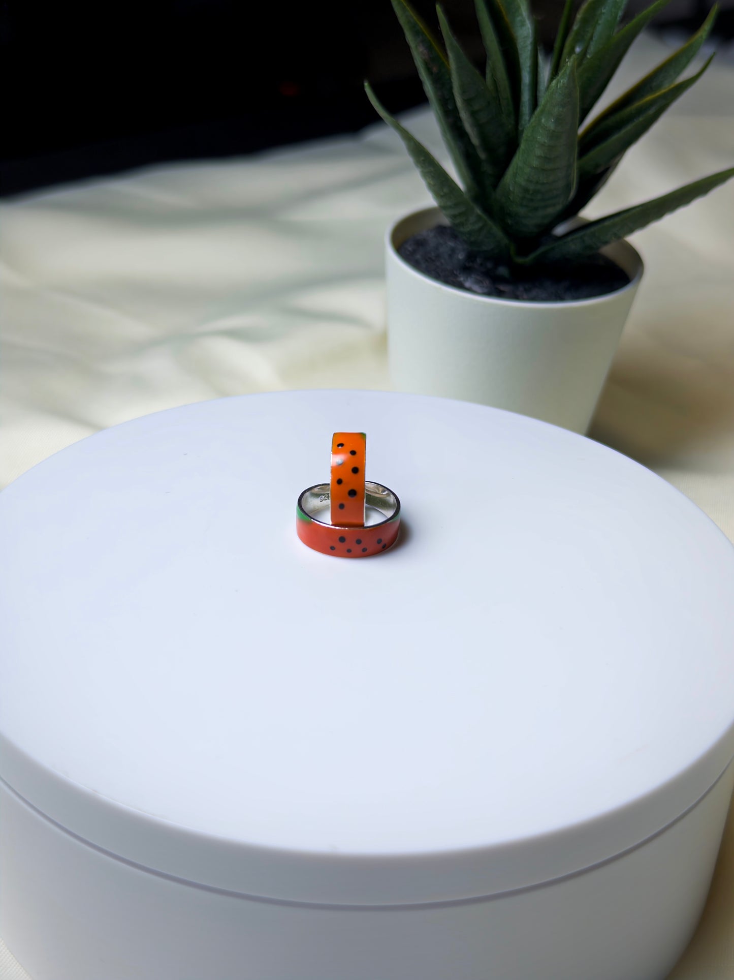 Pair of toe rings on a white surface with a potted plant in the background
