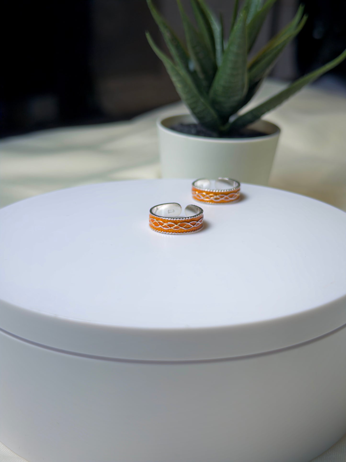 Two silver toe rings with orange accents on a white surface, with a blurred plant in the background.