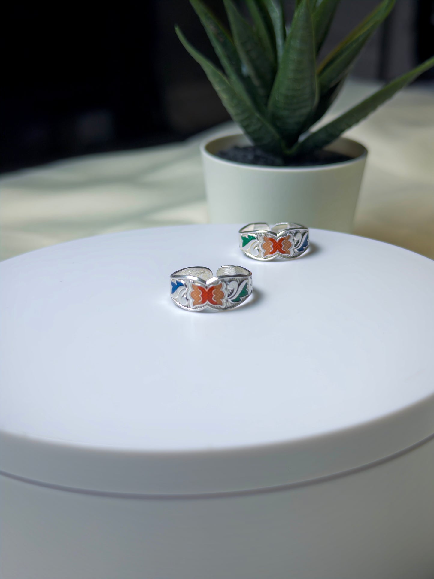 Two silver toe rings with colorful designs on a white surface, with a plant in the background.