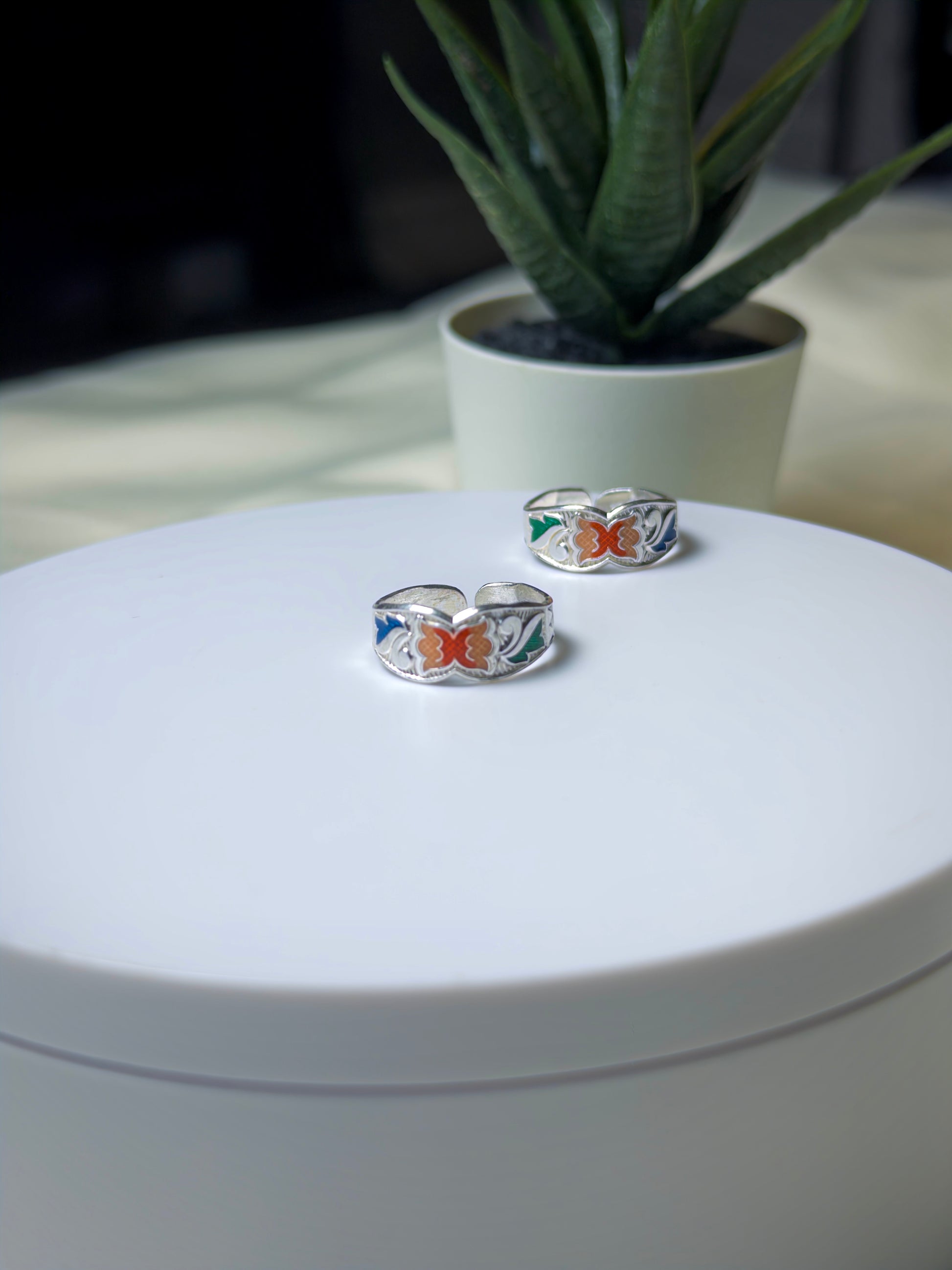 Two silver toe rings with colorful designs on a white surface, with a plant in the background.