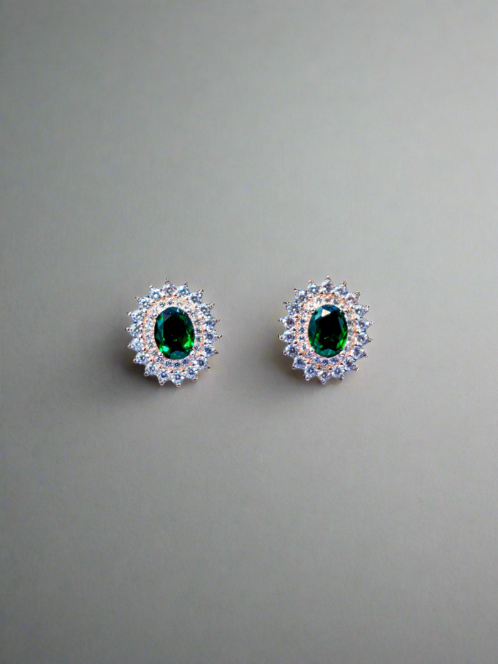DOUBLE HALO EMARALD OVAL STUD EARRINGS