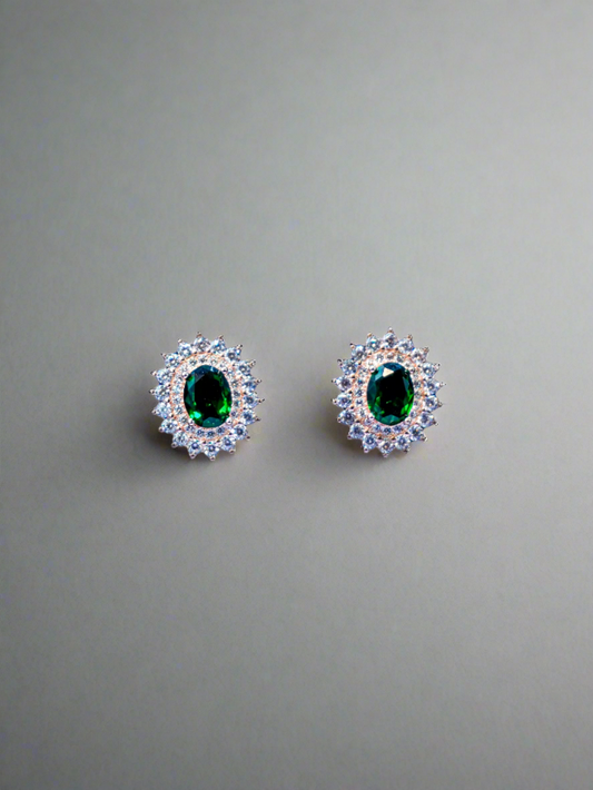 DOUBLE HALO EMARALD OVAL STUD EARRINGS