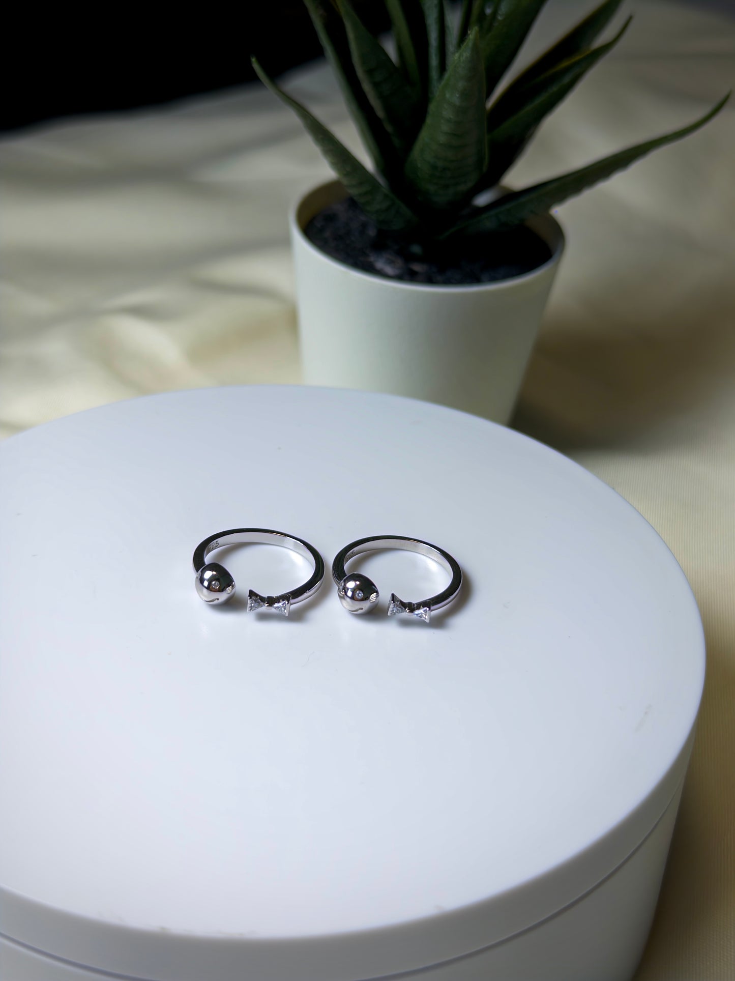 Silver Toe Ring on a white box with a potted plant in the background