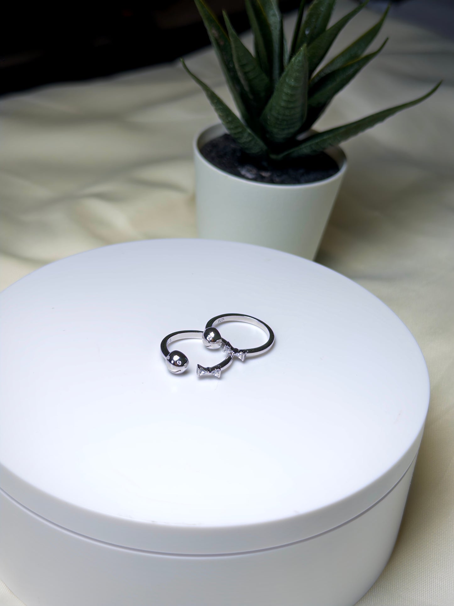 Silver Toe Ring on a white jewelry box with a plant in the background