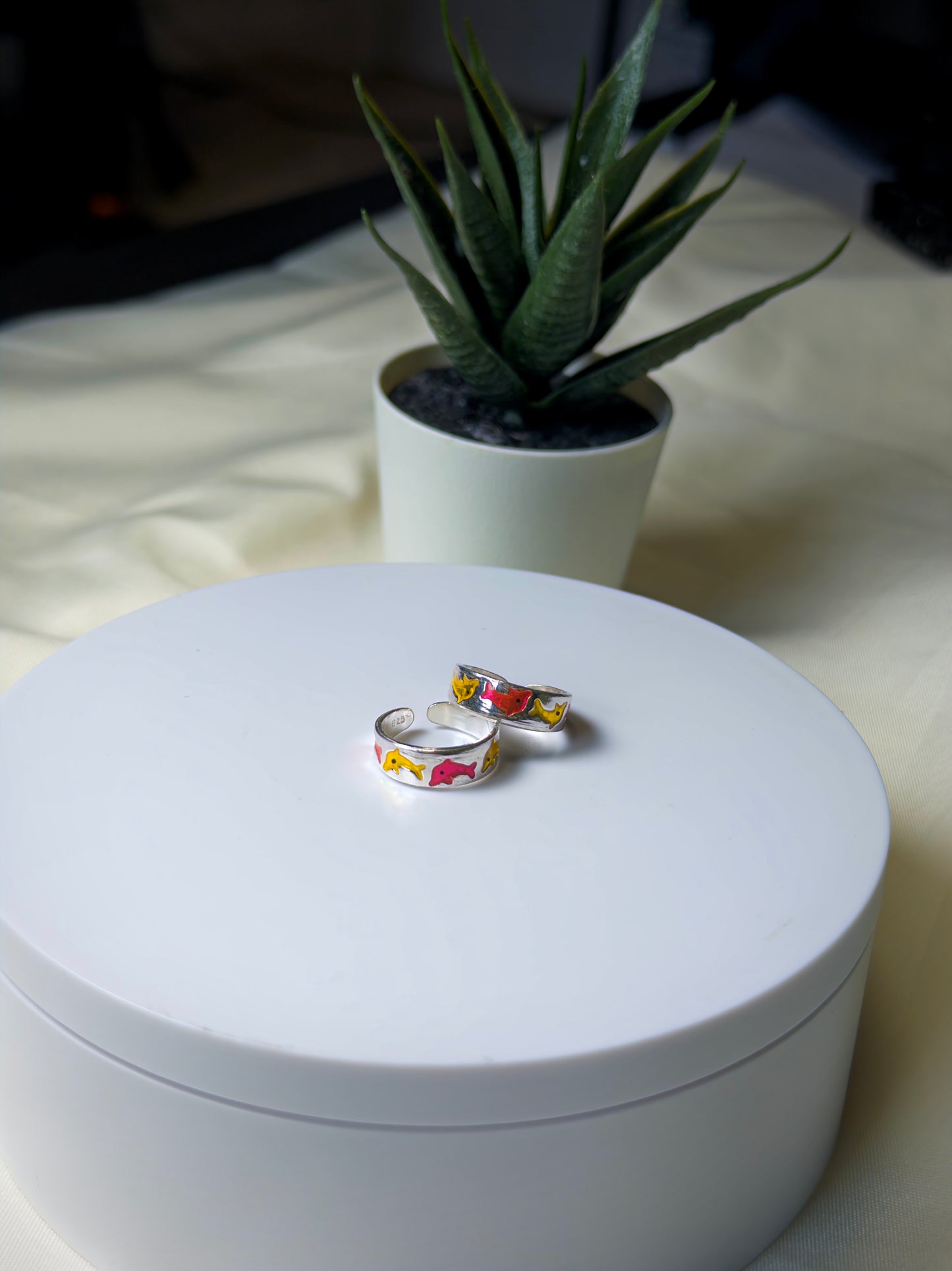 Silver toe ring with colorful designs on a white surface, with a plant in the background.
