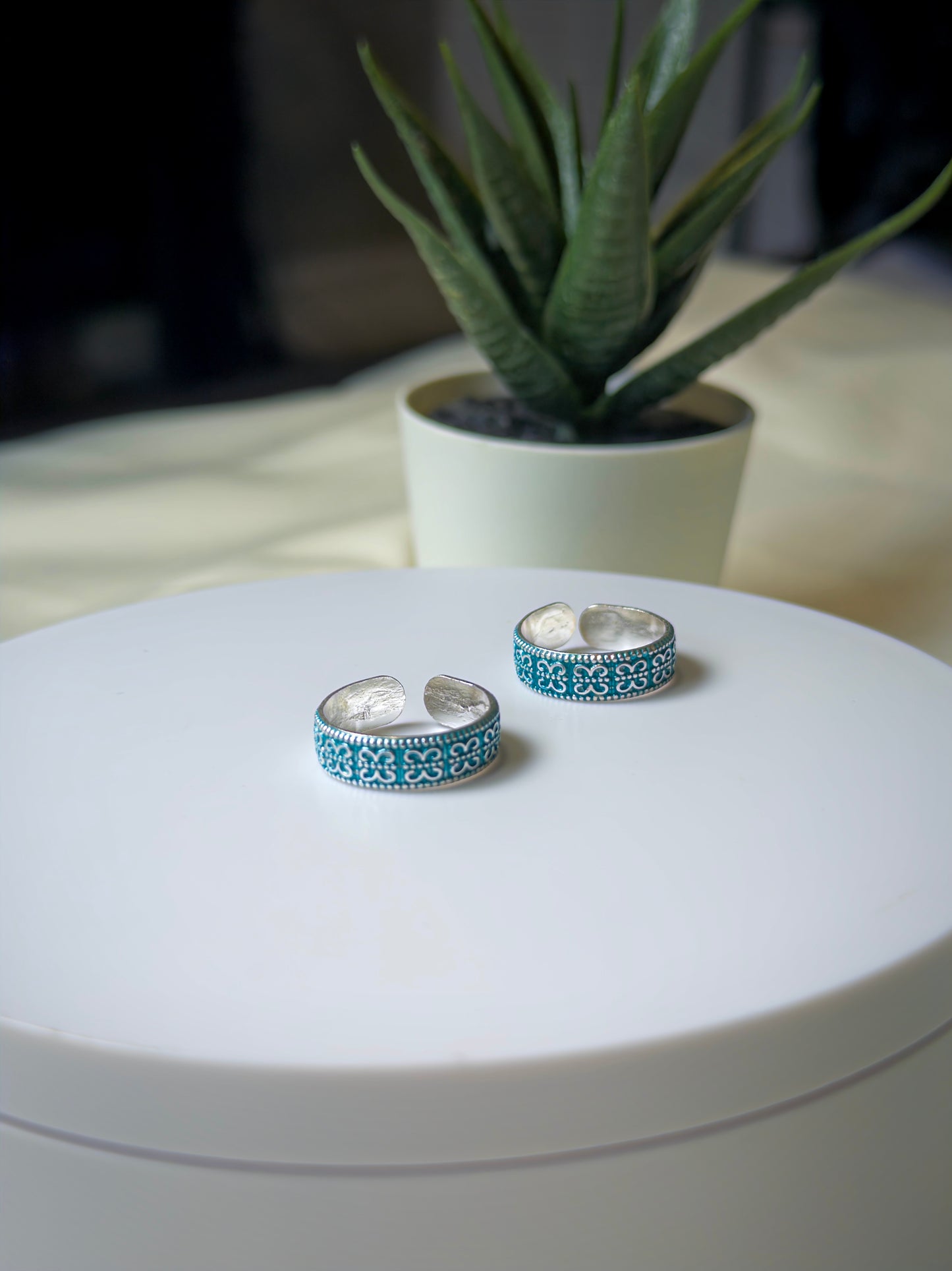 Two silver toe rings with blue patterns on a white surface, with a plant in the background.