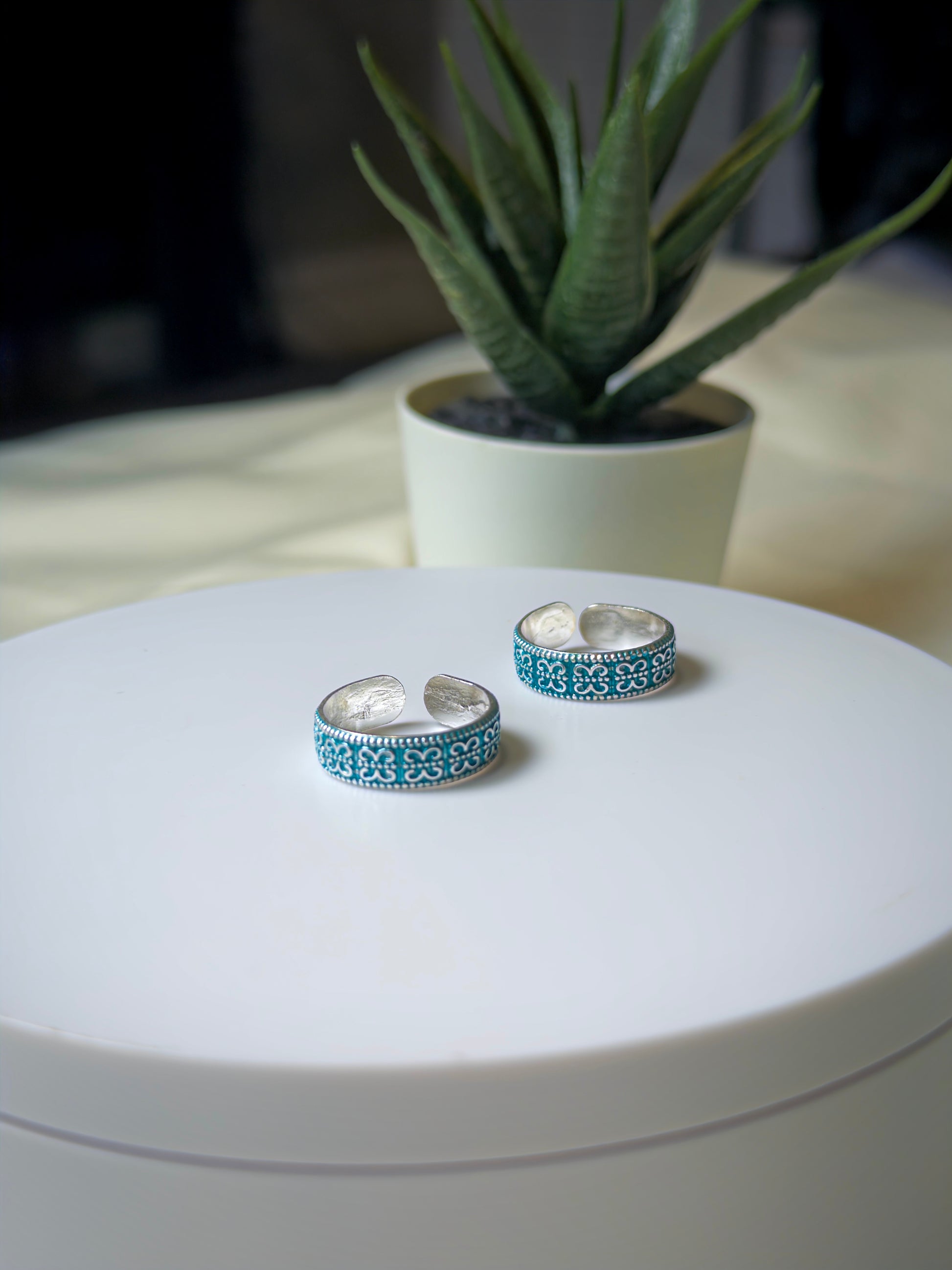 Two silver toe rings with blue patterns on a white surface, with a plant in the background.