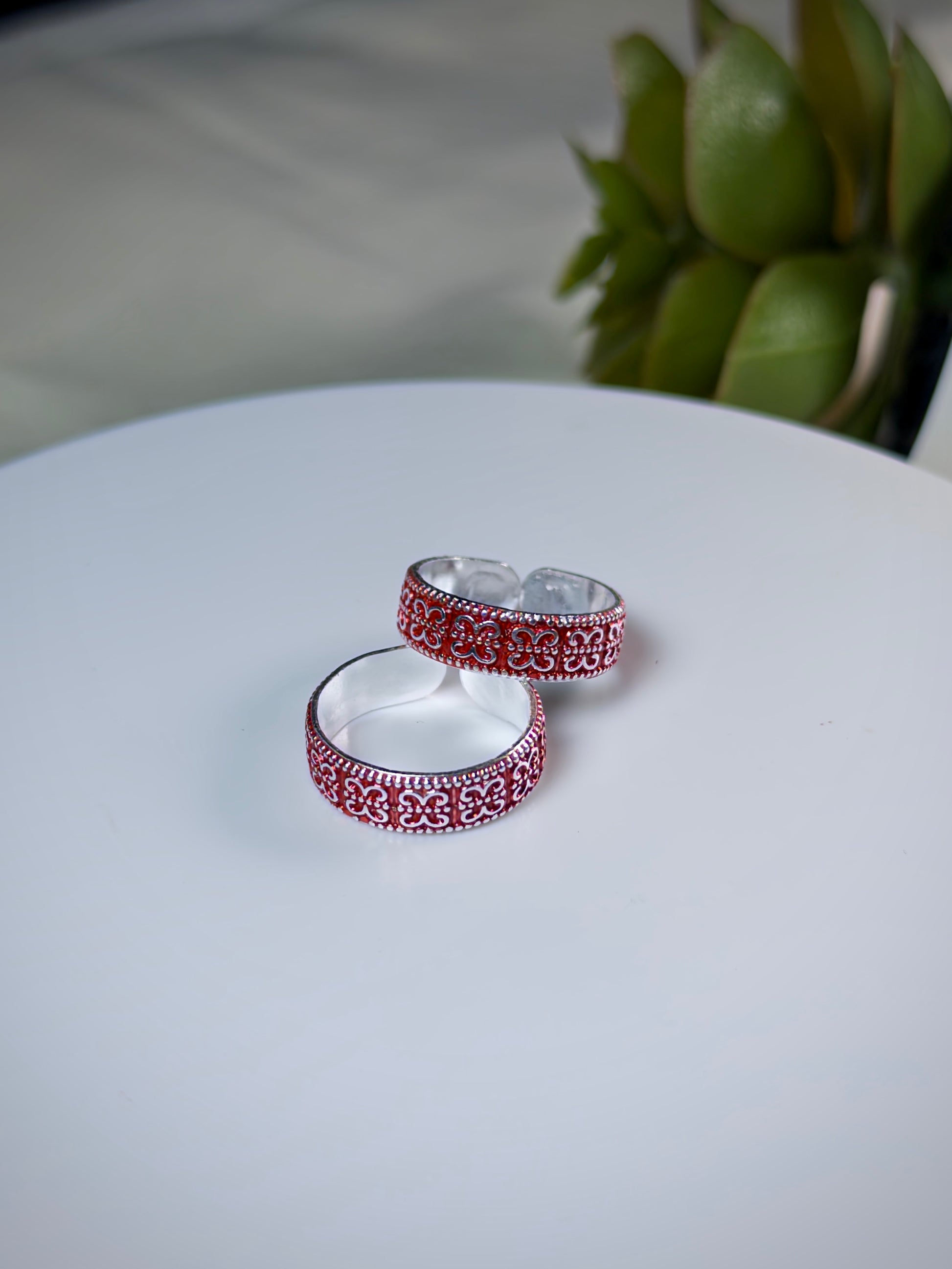 Two red and silver toe rings on a white surface with a blurred green plant in the background.
