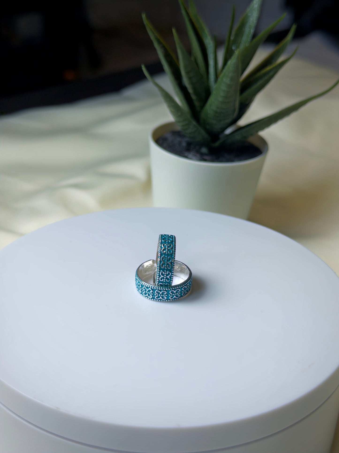 Toe rings on a white surface with a plant in the background