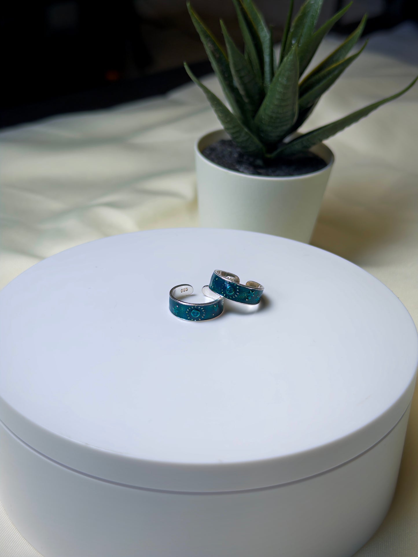 Silver Toe rings with sea green accents on a white surface next to a potted plant.