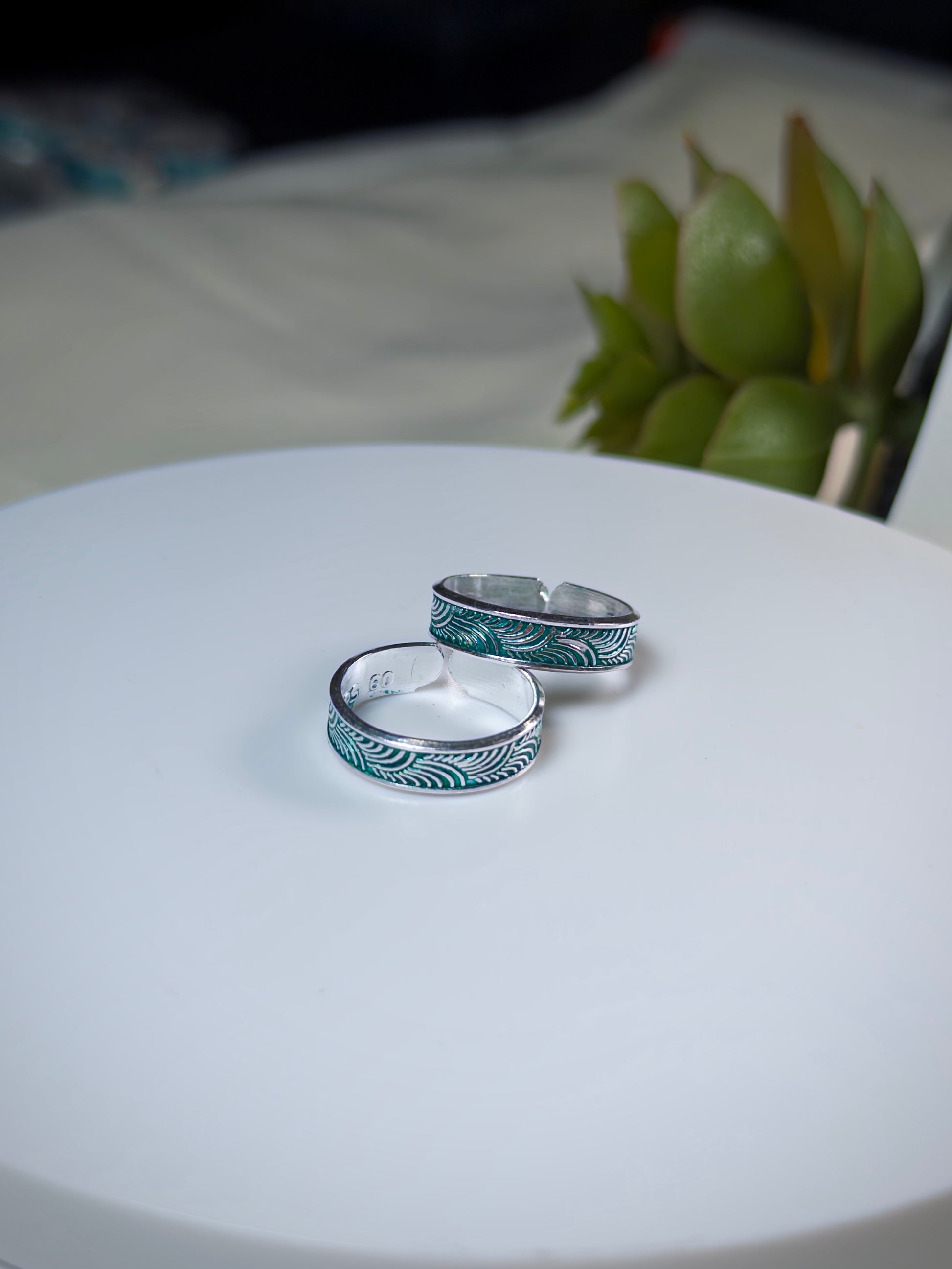 Two silver rings with green patterns on a white surface, with a blurred background of green plants.
