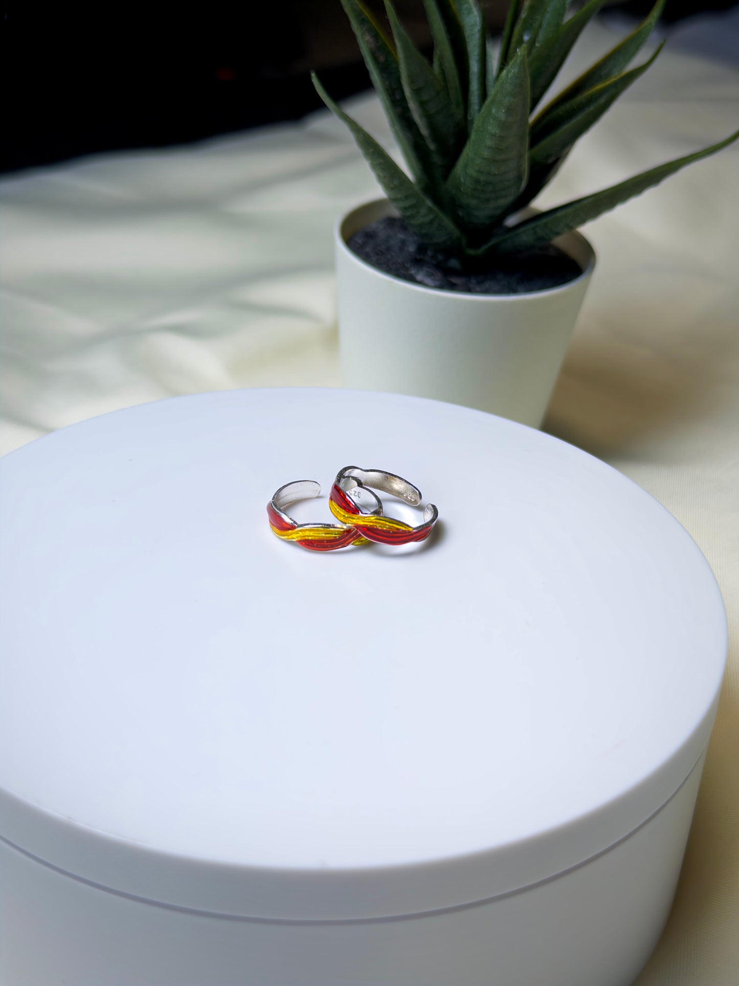 Two toe rings with colorful band designs on a white surface, with a potted plant in the background.