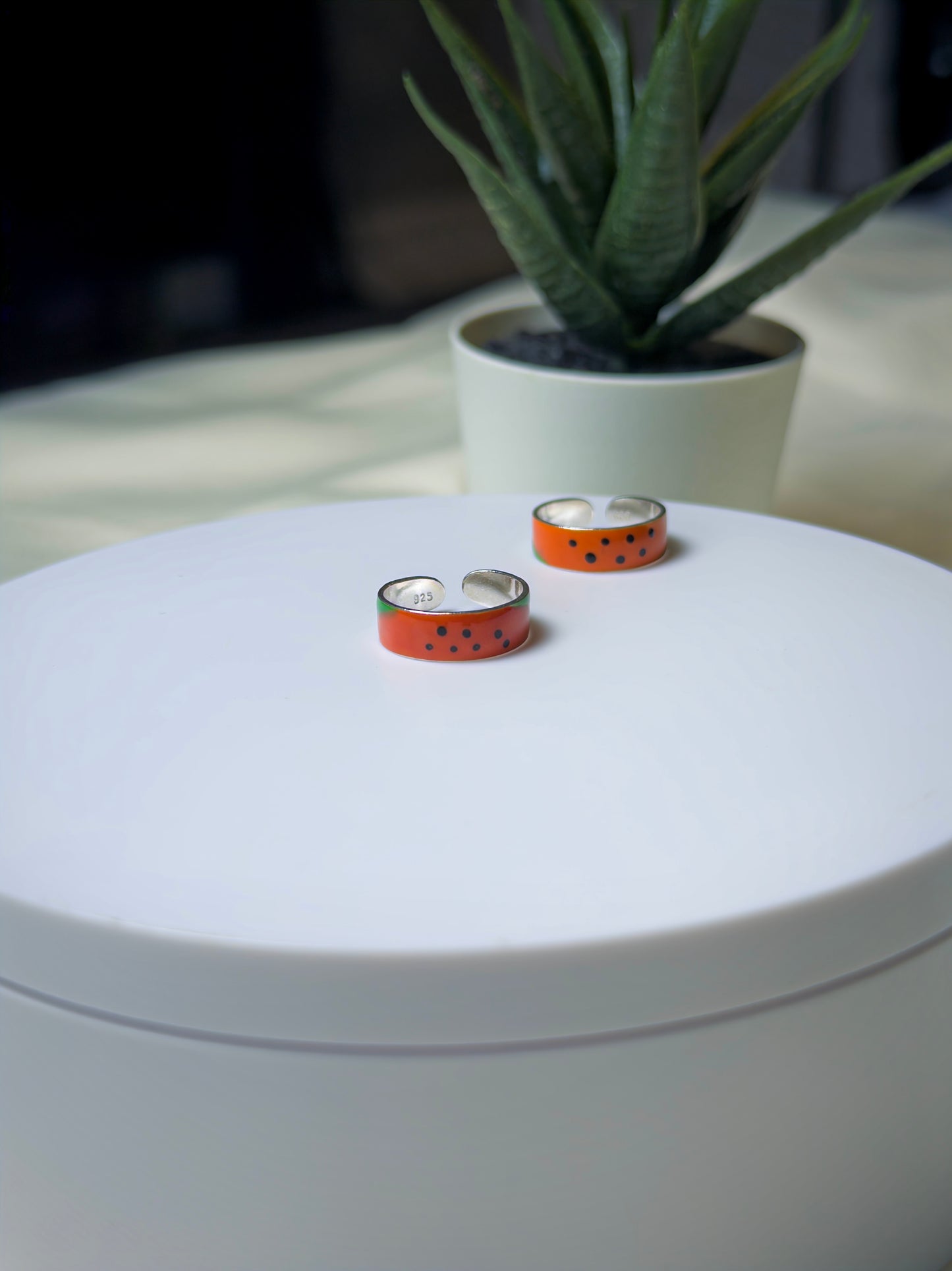 Two silver toe rings with orange accents on a white surface, with a potted plant in the background.