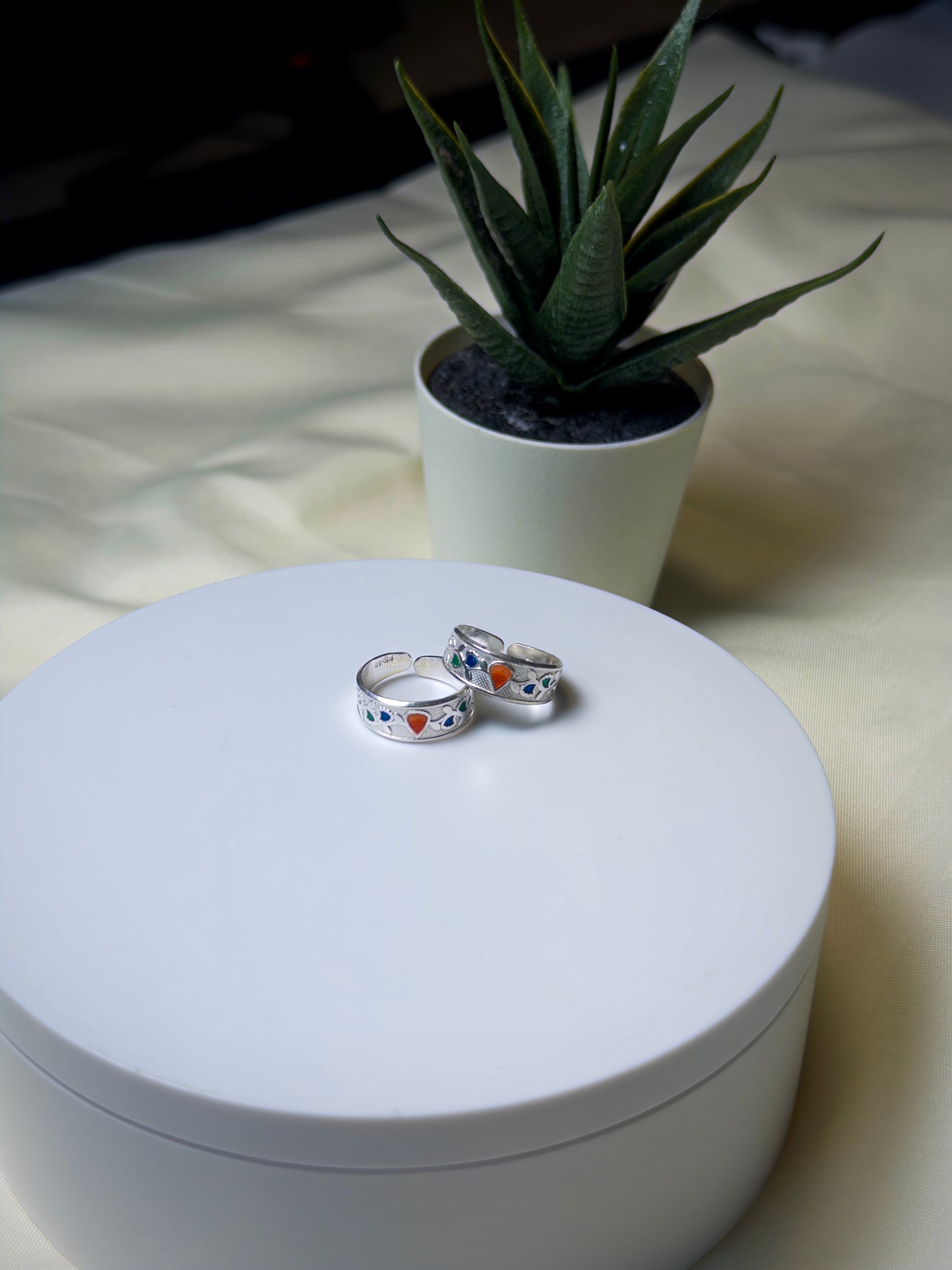 Pair of silver toe rings with colorful stones on a white box, next to a potted plant.