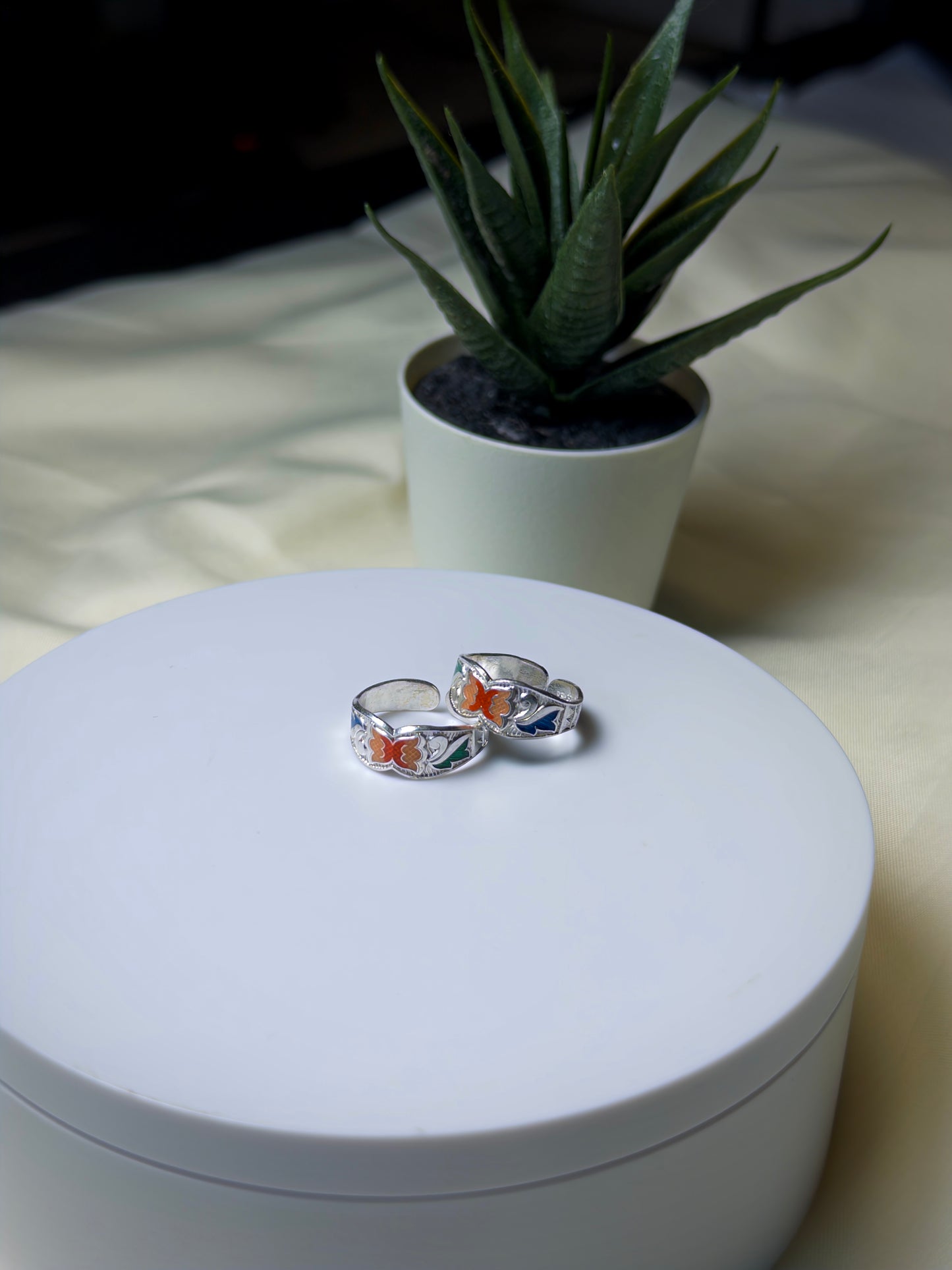 Silver toe rings with colorful pattern on a white surface next to a small potted plant.