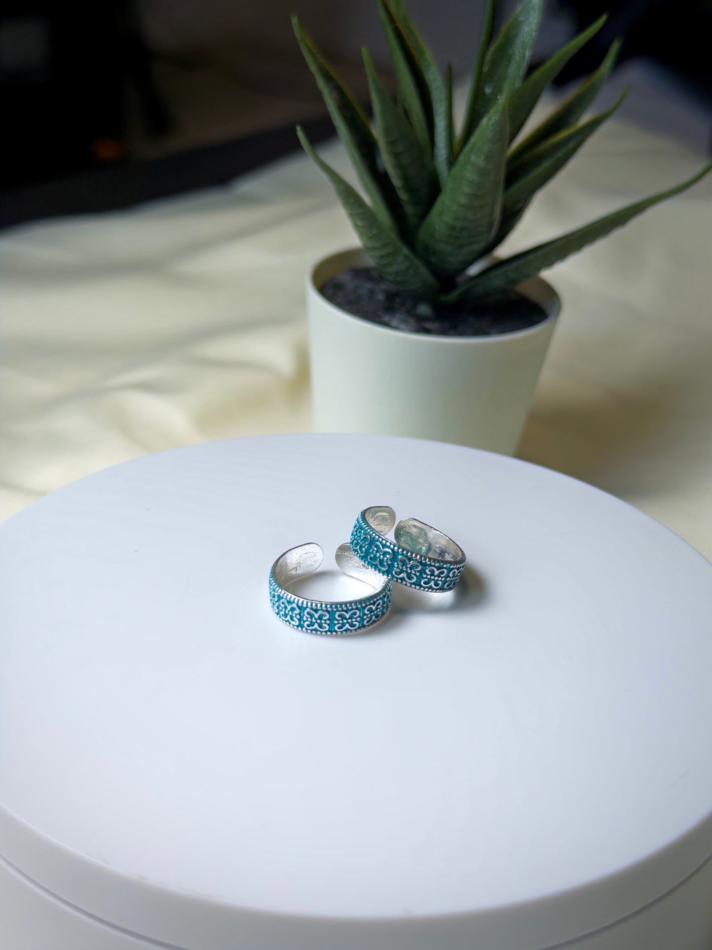 Silver toe rings with blue patterns on a white surface, with a potted plant in the background.