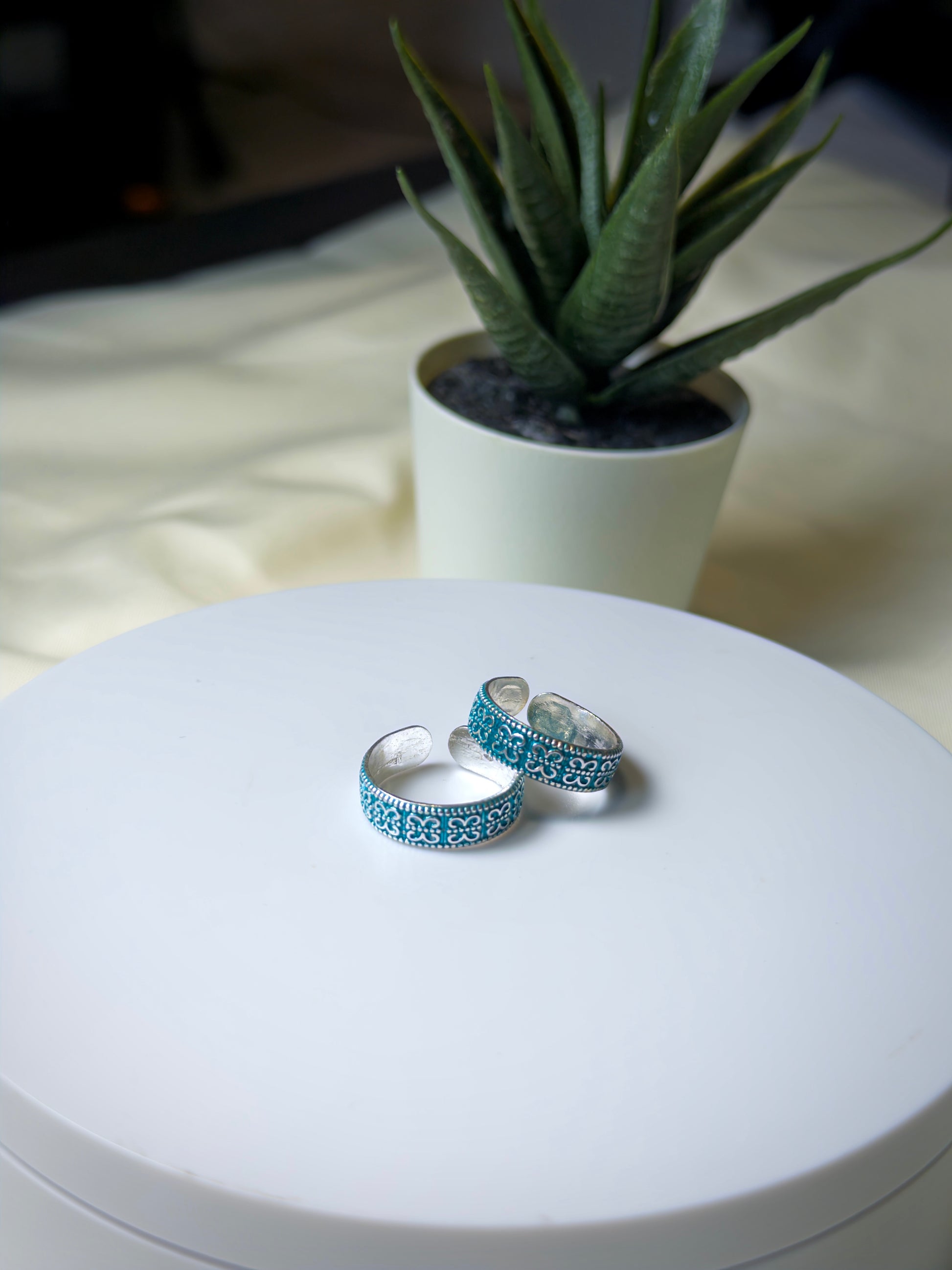 Silver toe rings with blue patterns on a white surface, with a potted plant in the background.