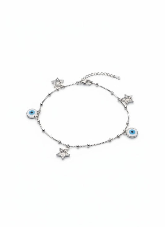 SPARX4U sterling silver anklet with evil eye and star charms, accented with small beads.