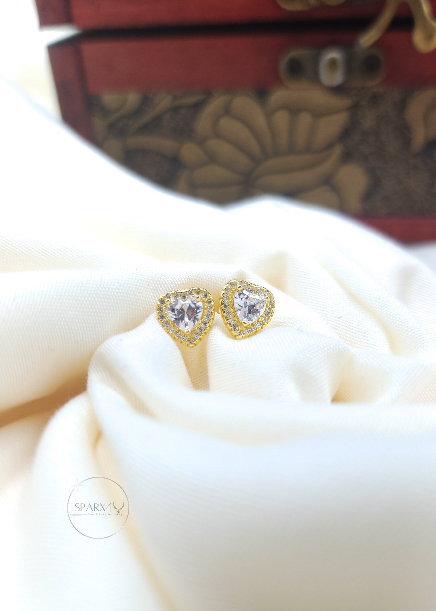 Gold Halo Heart Stud Earrings
