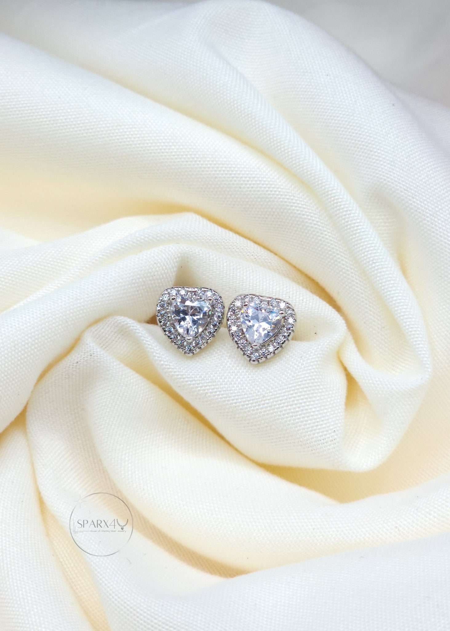 Sterling Silver Halo Heart Stud Earrings 