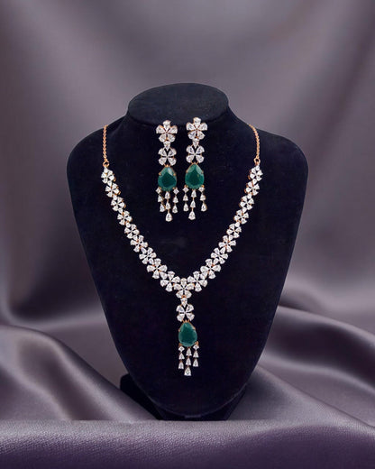 Bridal Jewelry set with necklace and earrings on a black velvet stand against a gray background
