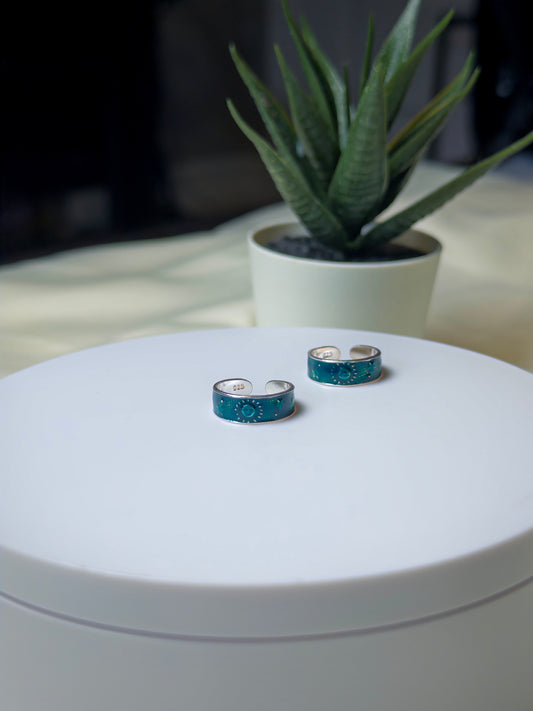 Pair of sea green and silver earrings on a white surface with a plant in the background