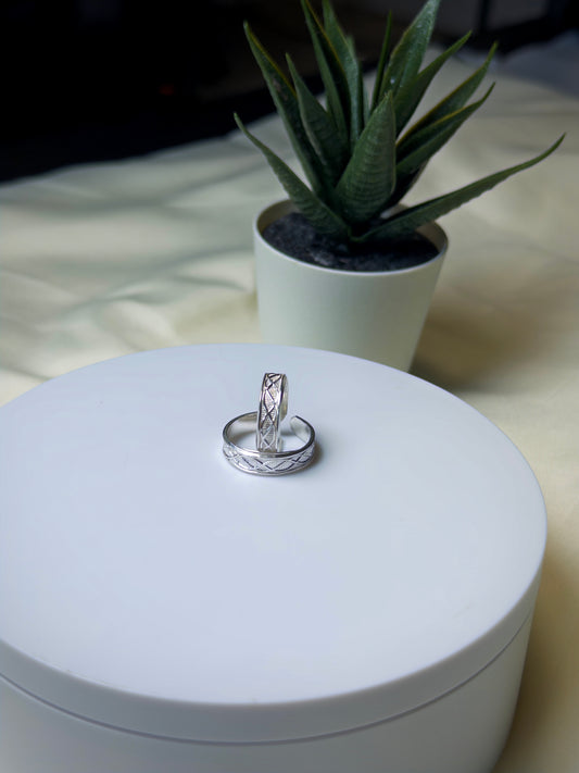 Two silver toe rings on a white box with a plant in the background