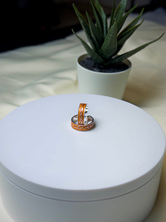 Two silver toe rings on a white box with a potted plant in the background