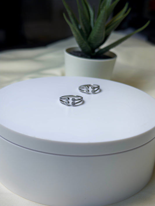 Two silver toe rings on a white jewelry box with a plant in the background