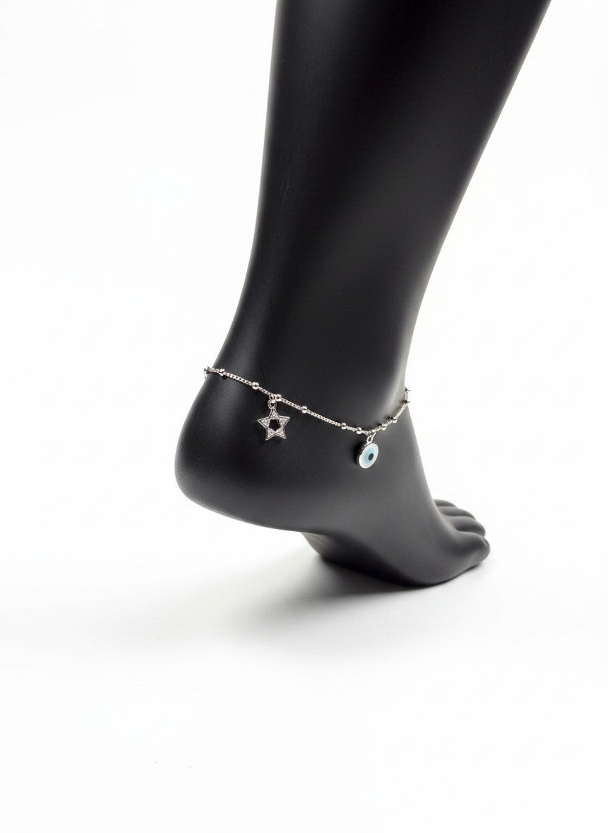 SPARX4U sterling silver anklet with star and evil eye charms, delicate chain with small beads.