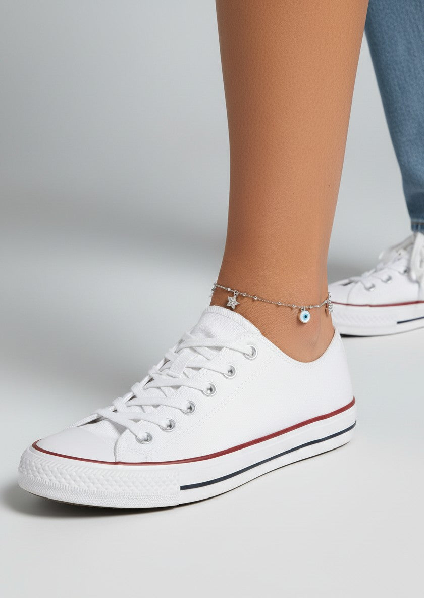 SPARX4U sterling silver anklet with evil eye and star charms, featuring a beaded chain and adjustable clasp.