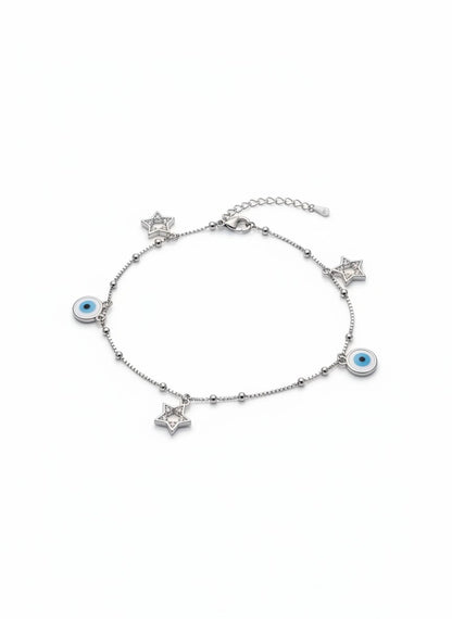 SPARX4U sterling silver anklet with evil eye and star charms, accented with small beads.