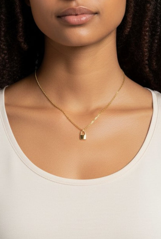 SPARX4U gold vermeil lock pendant necklace with paperclip chain. Sterling silver plated with gold.