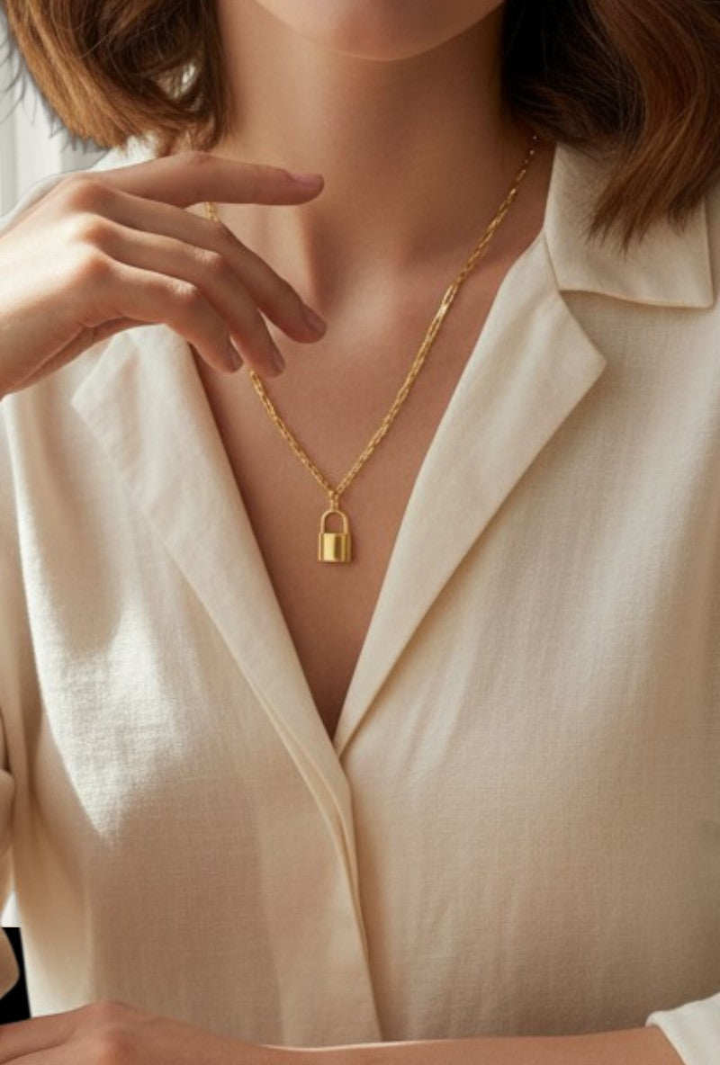 SPARX4U gold vermeil lock necklace with a paperclip chain. Sterling silver plated with gold.