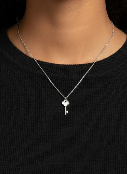 SPARX4U Mother of Pearl Key Necklace with sterling silver chain and cubic zirconia accents.