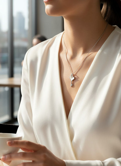 SPARX4U mother of pearl key necklace with cubic zirconia accents on a sterling silver chain.